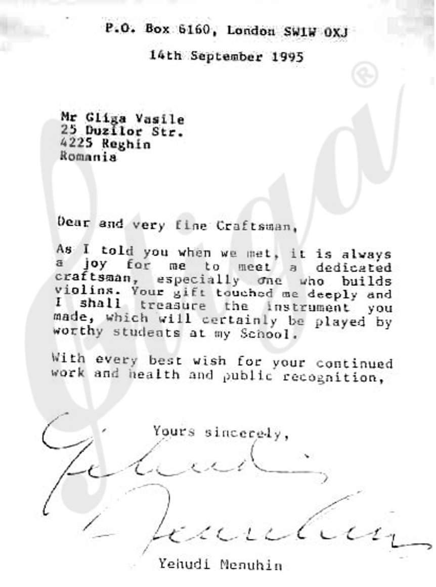 Conductor Yehudi Menuhin letter to Violin Maker Gliga Vasile